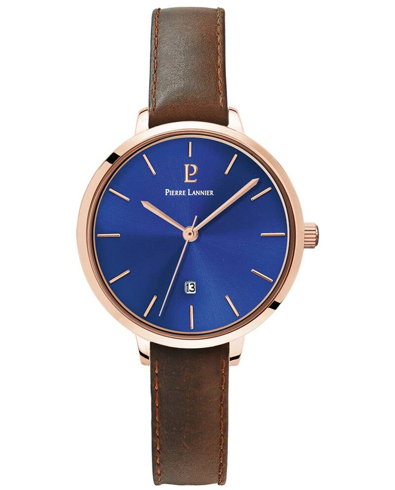 Pierre Lannier Watch - Women's Quartz ECHO Rose Gold, Blue Sunburst Dial, Brown Leather Strap 12MM - 032K964