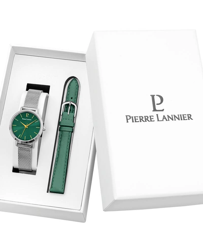 Pierre Lannier Watch - CHOUQUETTE Women's Gift Set, Silver-Toned, Green Sunburst Dial, Green Leather Strap, 12MM - 170G671
