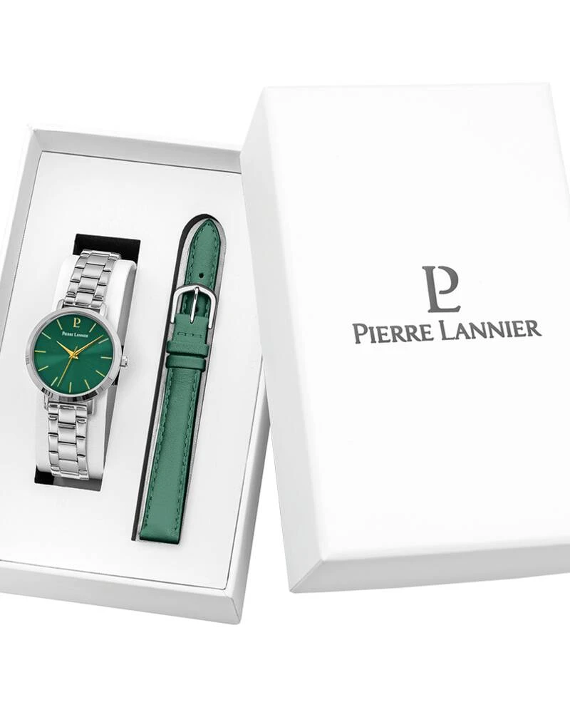 Pierre Lannier Watch - CHOUQUETTE Women's Gift Set, Silver, Green Sunburst Dial, Green Leather Strap, 12MM - 171H671