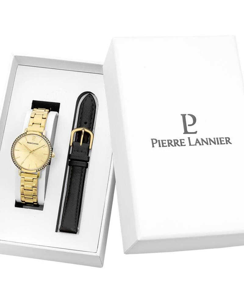 Pierre Lannier Watch - CHOUQUETTE Women's Gift Set, Gold-Toned Case, Gold-Toned Dial, Black Leather Strap, 12 mm - 174F542