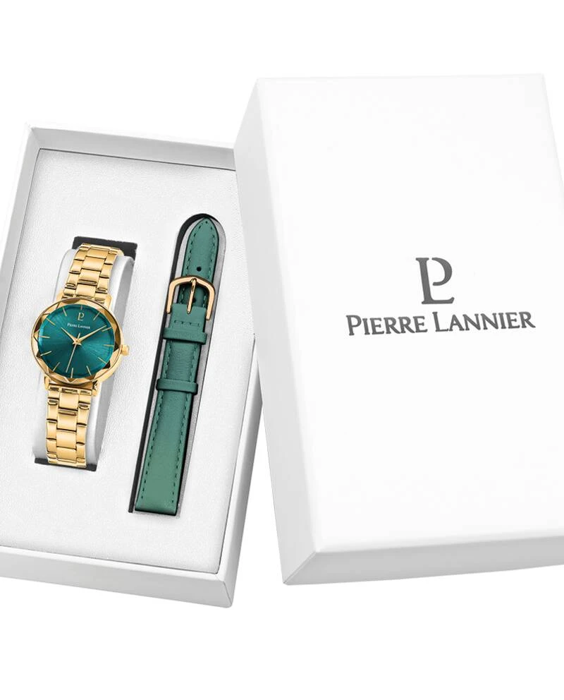 Pierre Lannier Watch - MULTIPLES Women's Gift Set, Gold-Toned, Green Sunburst Dial, Green Leather Strap, 14MM - 351K562