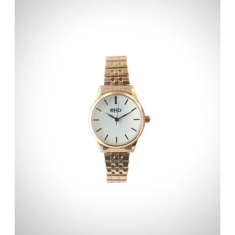 eHo Classic Women's Watch: Stainless Steel Case, Gold-Toned Metal Strap, White Dial