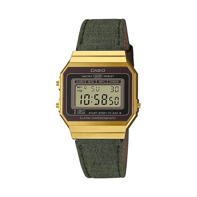 Casio Vintage Iconic Unisex Watch, Gold and Green Fabric Strap, Model A700WEGL-3AEF