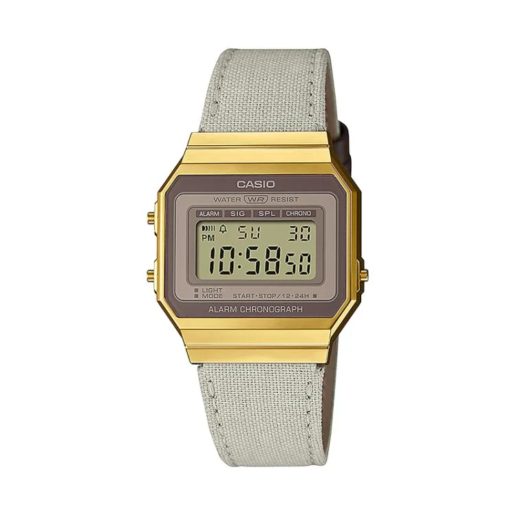 Casio Vintage Iconic Unisex Watch, Gold and Silver, Fabric Strap, A700WEGL-7AEF