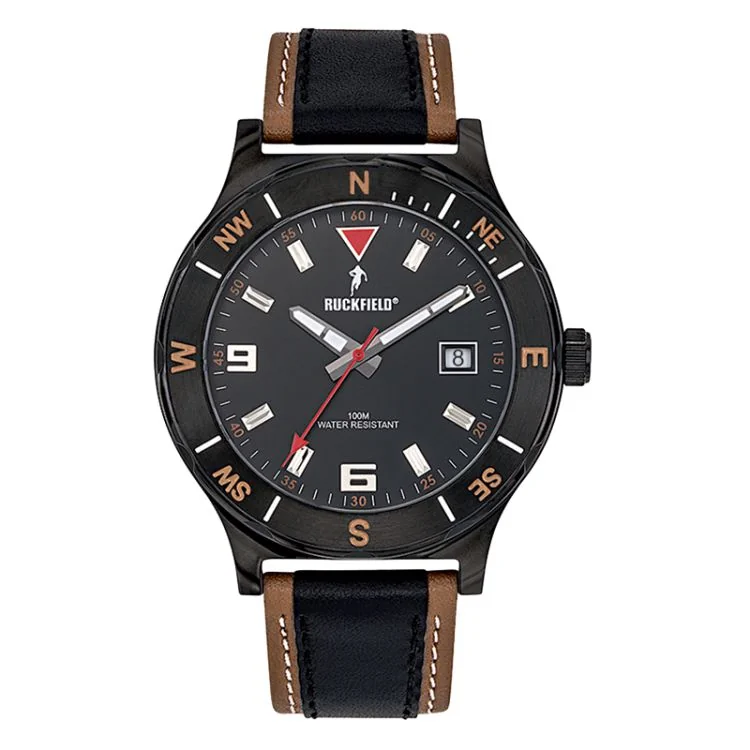 Ruckfield Sport Men's Watch: Stainless Steel Case, Black and Brown Leather Strap, Black Dial