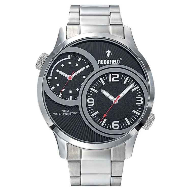 Ruckfield Sport Men's Watch: Stainless Steel Case, Silver Stainless Steel Band, Black Dial