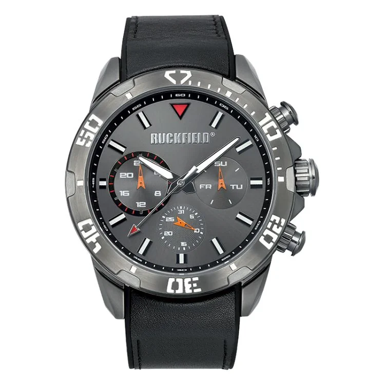 Ruckfield Sport Men's Watch: Stainless Steel Case, Black Leather Strap, Gray Dial