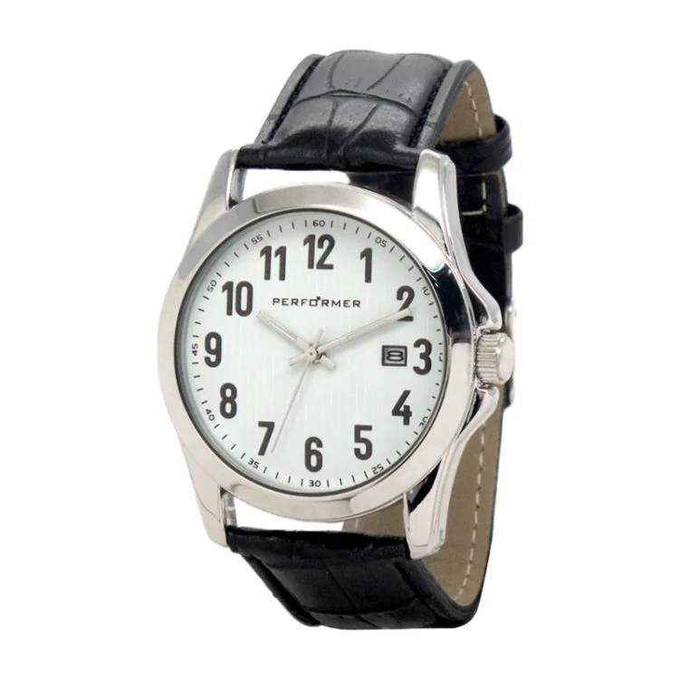Performer Classic Men's Watch with Black Crocodile-Style Leather Strap and Date Display - 7027252