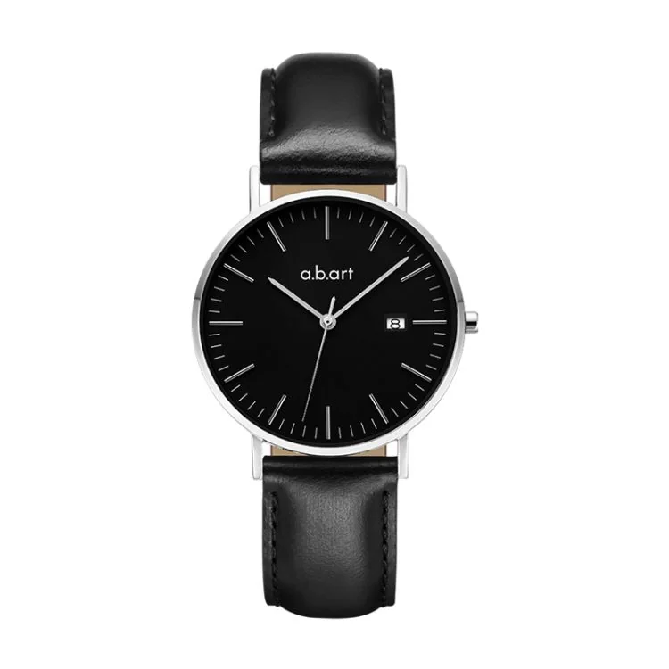 a.b.art Women's Watch with Black Leather Strap, Black Dial, and Date Window - FB36-135-1L