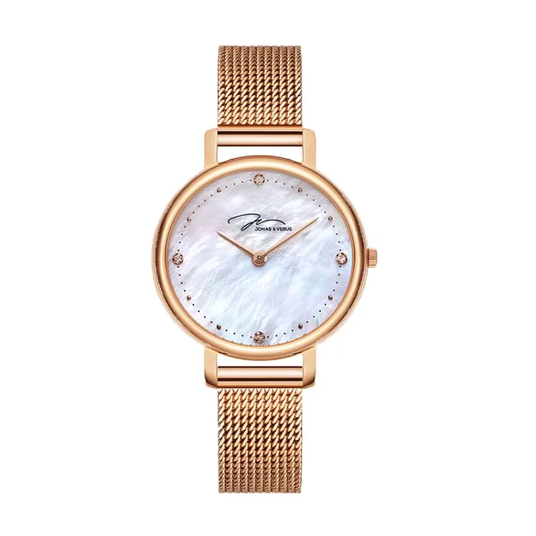 Jonas & Verus "Lumière" Elegant Watch with Mother-of-Pearl Dial and Pink Milanese Mesh Strap - X00719-Q3.PPWBP