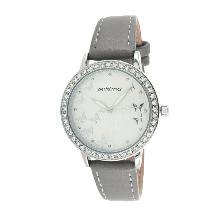 Performer Classic Women's Watch with Leather Strap, Large White Dial, Butterfly Design 70712512