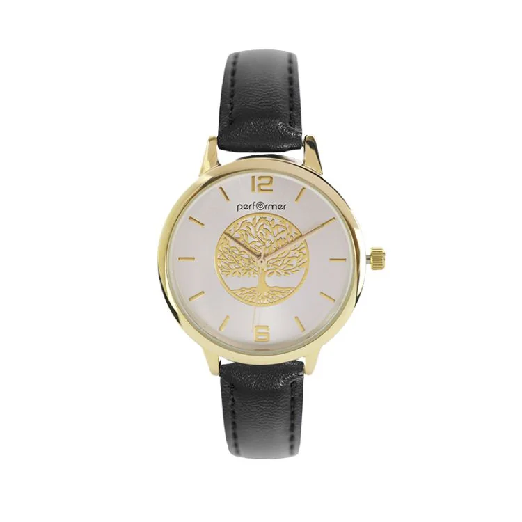 Classic Performer Women's Watch with Tree of Life Design, Black Faux Leather Strap, Gold Dial