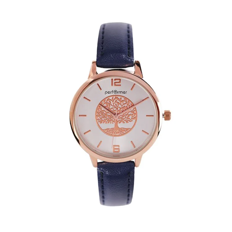 Classic Performer Women's Watch with Tree of Life Design, Blue Faux Leather Strap, and Rose Gold Dial
