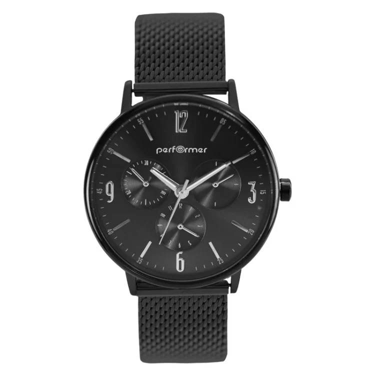 Classic Performer Unisex Watch Face, Black Milanese Mesh Strap, Black Dial, Fake Chronograph