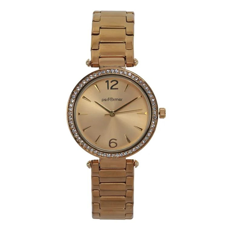 Classic Performer Women's Watch with Gold-Toned Metal Case and Gold Dial with Rhinestones