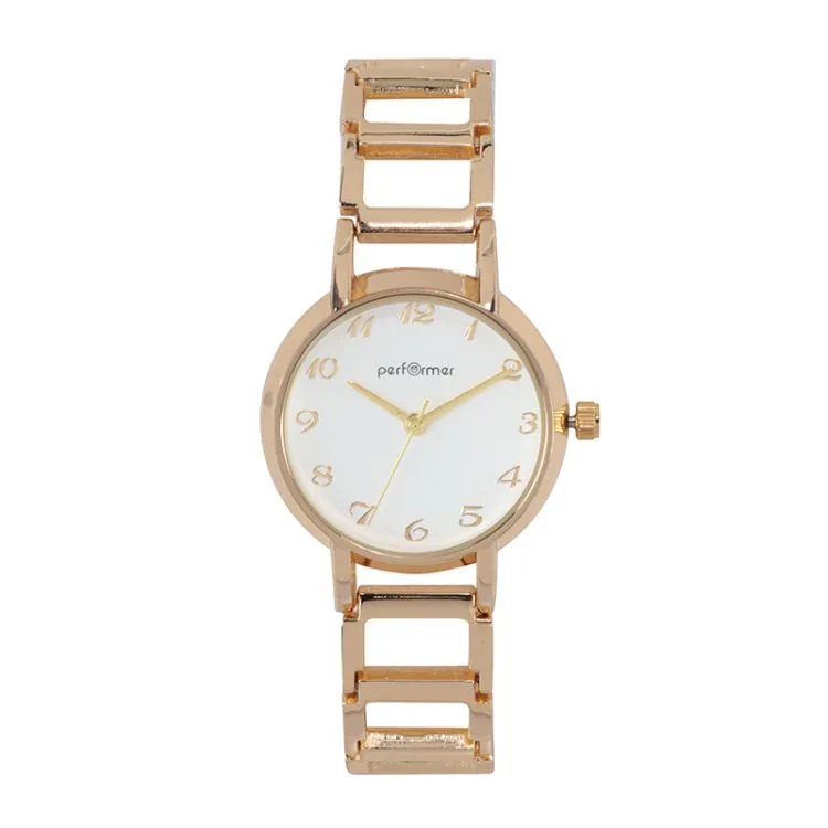 Classic Performer Women's Watch with Gold-Toned Perforated Metal Strap and White Dial