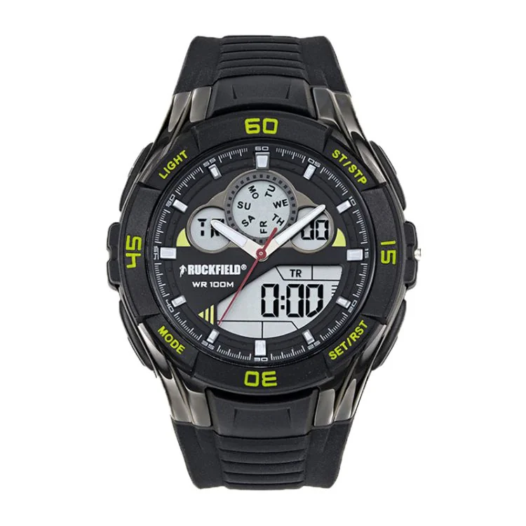 Ruckfield Sport Anadigital Multifunction Watch Face, Black and Yellow Silicone