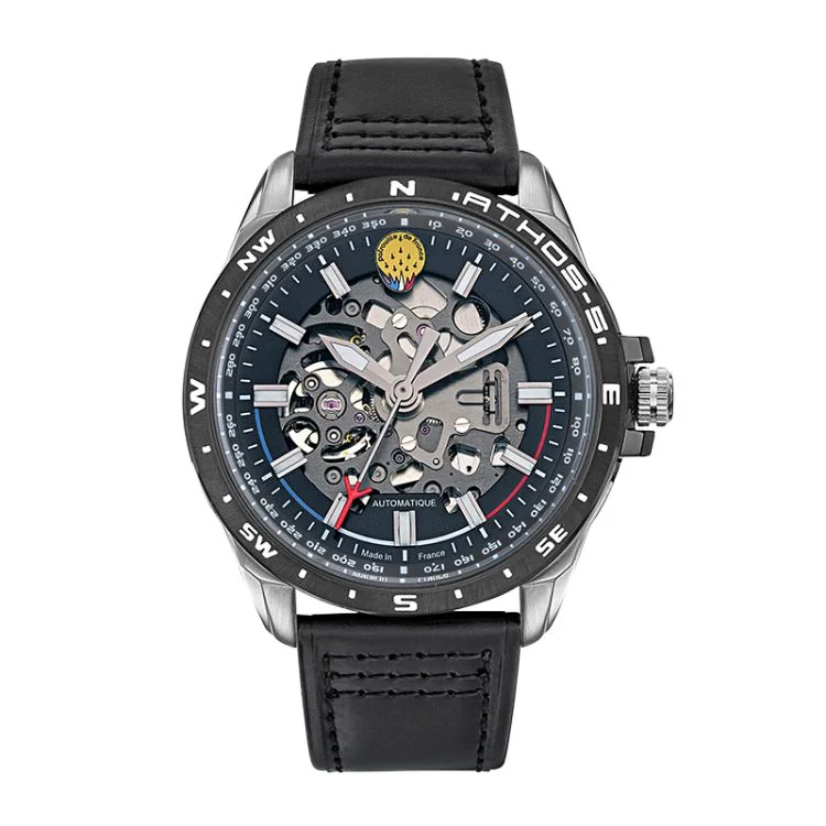 Aviator Watch, Patrouille de France Athos 5 Automatic, Skeleton Dial, Black Leather Strap