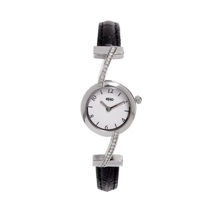 eHo Eco-Friendly Women's Watch Face, Black Leather with Crocodile-Style Finish