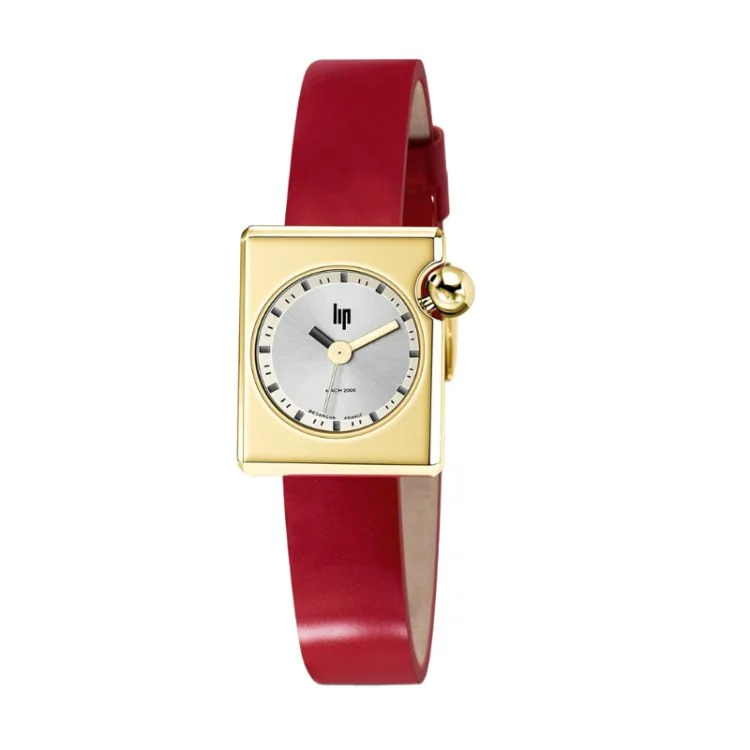 LIP Watch - Mach 2000 - Mini Square - Gold Dial - Smooth Red Leather