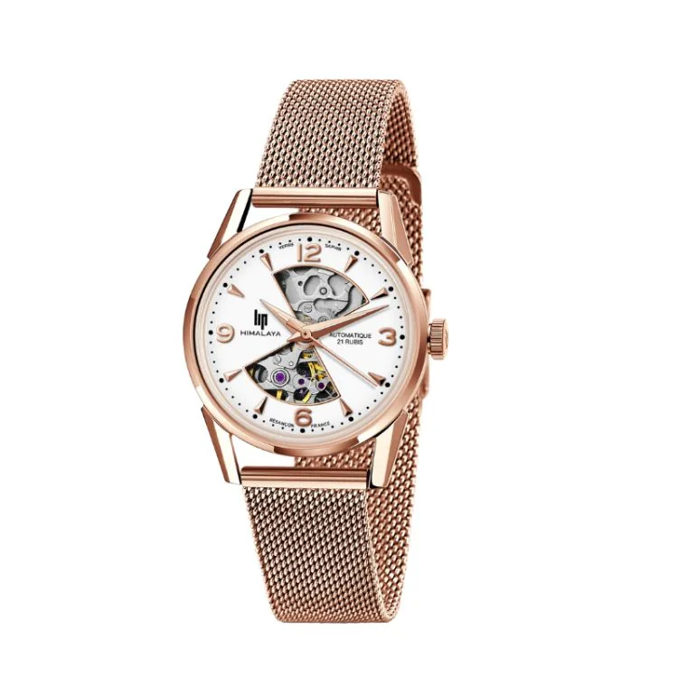 LIP Watch - Himalaya 33 mm Hourglass - Skeleton Automatic - Rose Gold Milanese Strap
