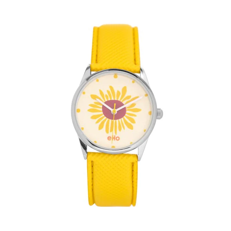 eHo Eco-Friendly Watch Face: Yellow Leather Strap, White Sunflower Dial