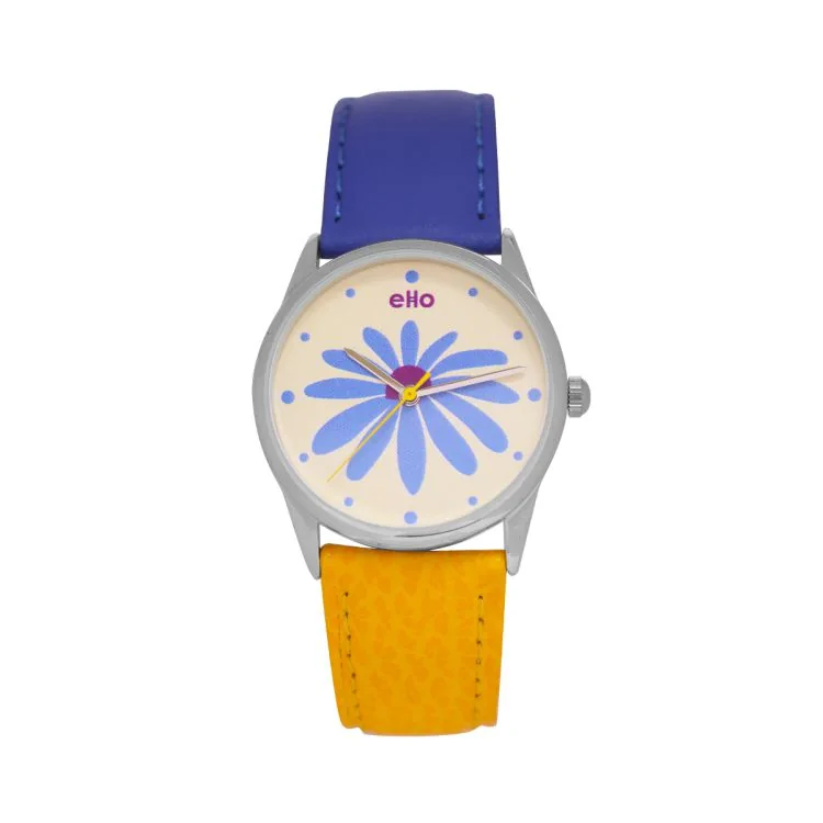 eHo Eco-Friendly Watch Face: Yellow and Blue Leather Strap, White Dial with Floral Design