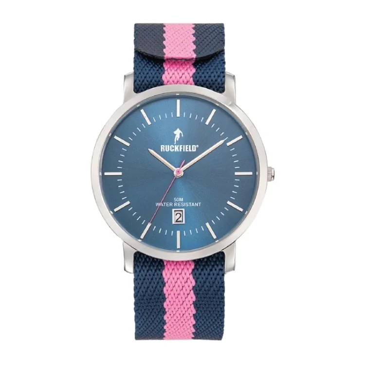 Ruckfield Watch - Rugby - Date Display - Blue and Pink Fabric
