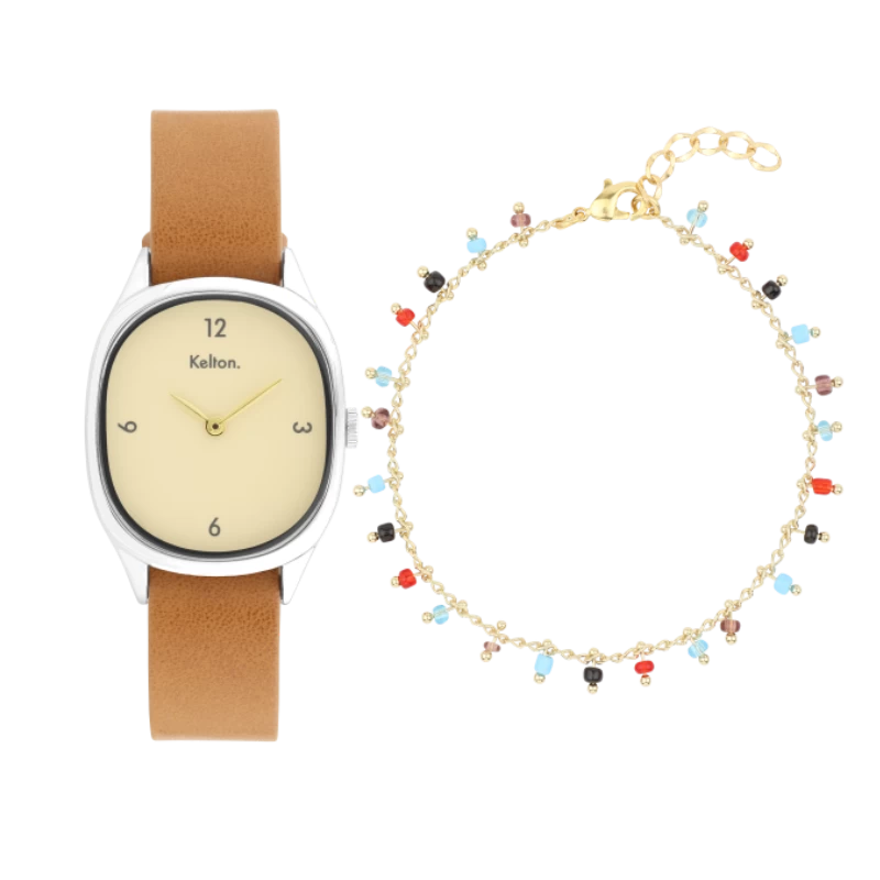 Christmas Gift Set - Kelton Colorama Watch in Cream and Brown x Multicolored Gold Gipsy Strap