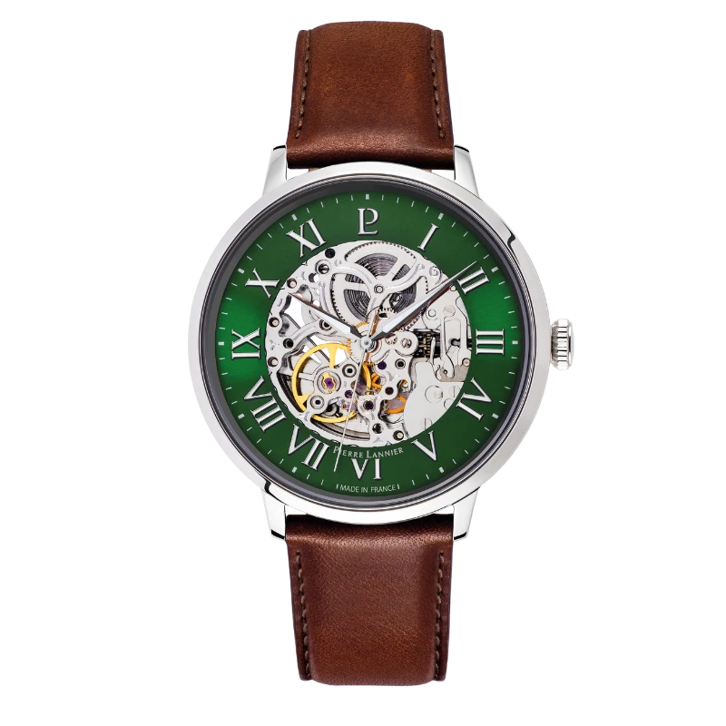 Pierre Lannier Watch - Automatic - Skeleton - Brown Leather Strap, Green Dial
