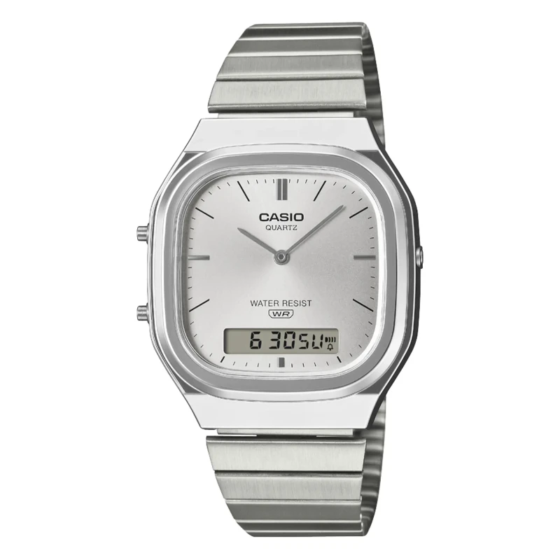 Casio Edgy Watch in Silver Steel—AQ-240E-7A—Front View