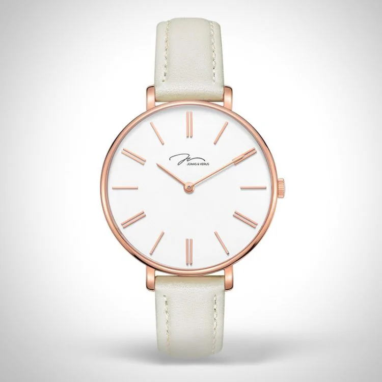 Jonas & Verus Minor Girl watch with stainless steel case, white dial, and white leather strap with smooth beige stitching