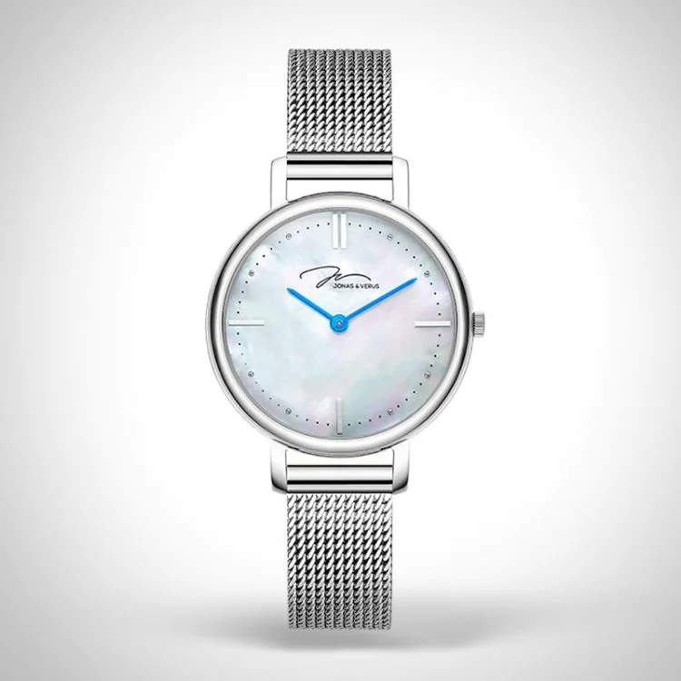 Jonas & Verus Face: Steel Case, White Dial, Silver Milanese Mesh Strap, Chrome-Plated Steel