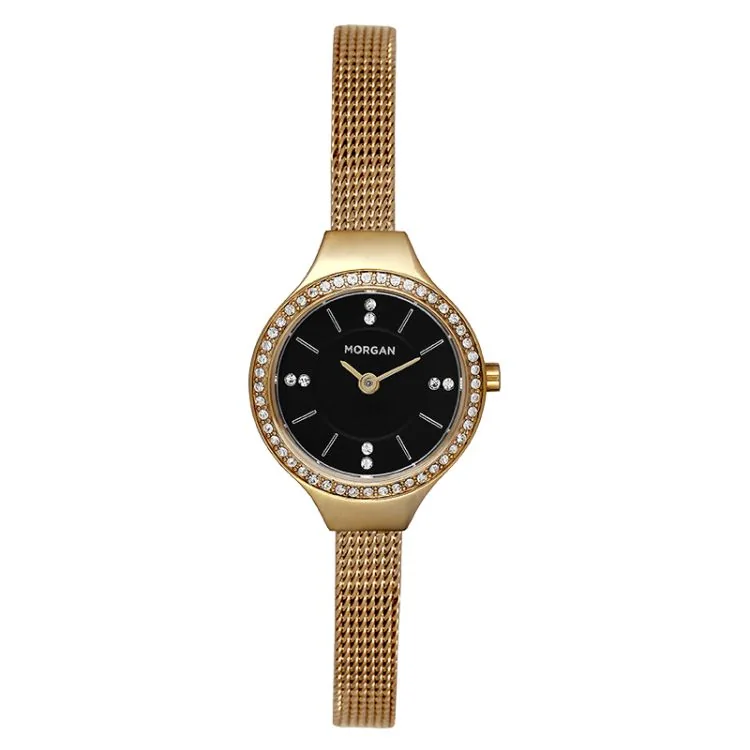 Morgan Gold and Black Rhinestone Milanese Mesh Watch