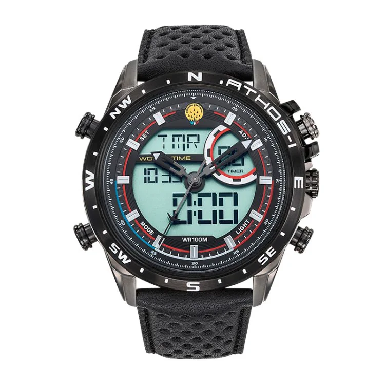Official Patrouille de France Athos 1 Leader Men's Watch: Black perforated leather strap, analog-digital chronograph dial