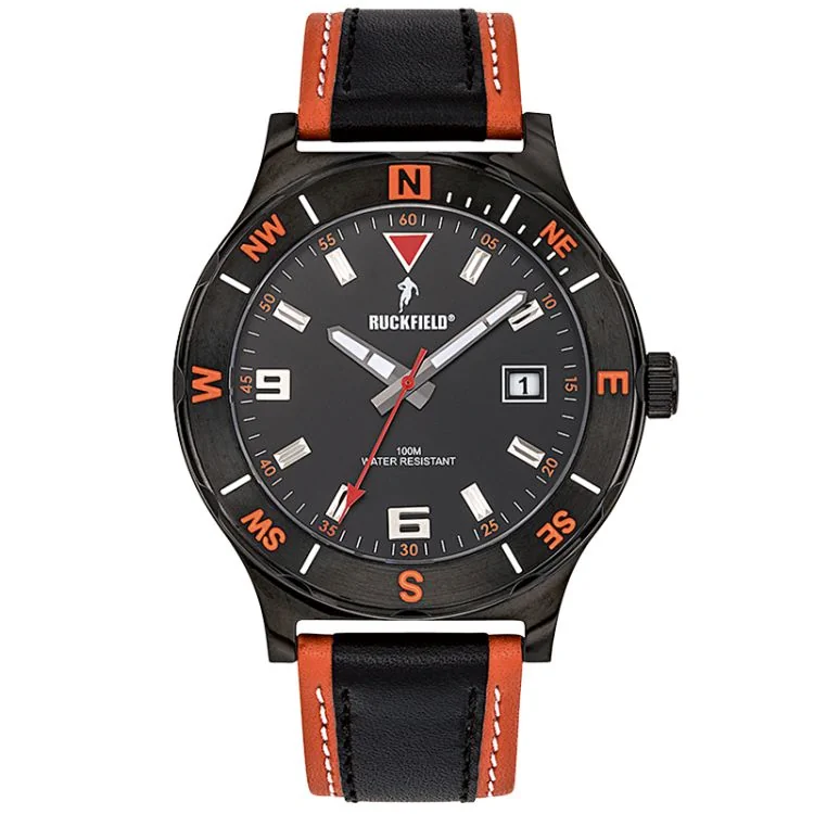 Ruckfield Sport Men's Watch: Stainless Steel Case, Black and Orange Leather Strap, Black Dial