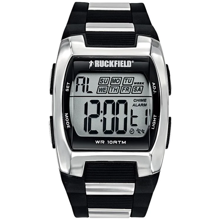 Ruckfield Sport Men's Watch: Stainless Steel Case, Black Silicone and Stainless Steel Strap, LCD Dial