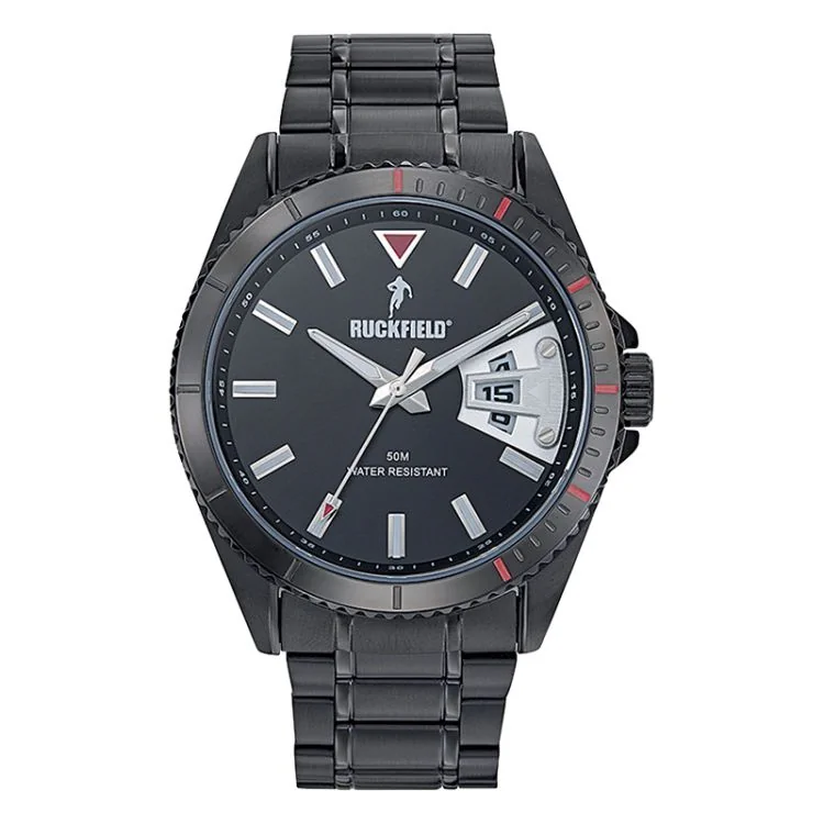 Ruckfield Sport Men's Watch: Steel Case, Black Steel Bracelet, Black Dial
