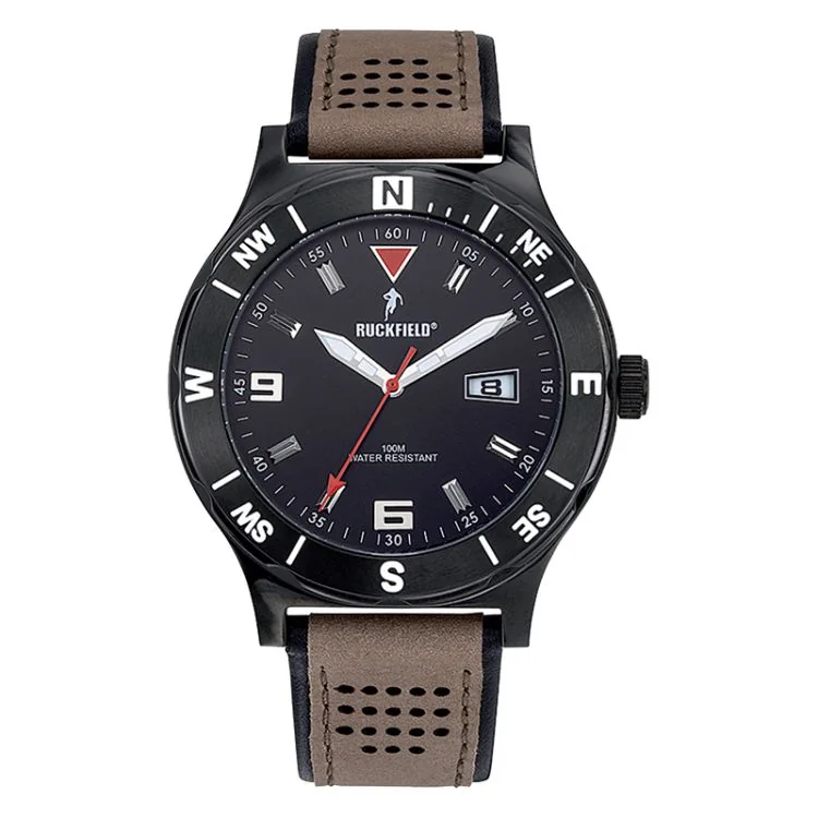 Ruckfield Sport Men's Watch: Stainless Steel Case, Brown Leather Strap, Black Dial