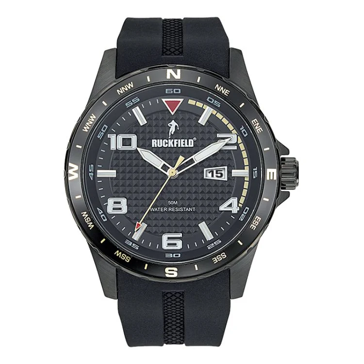Ruckfield Sport Men's Watch: Steel Case, Black Silicone Strap, Black Dial