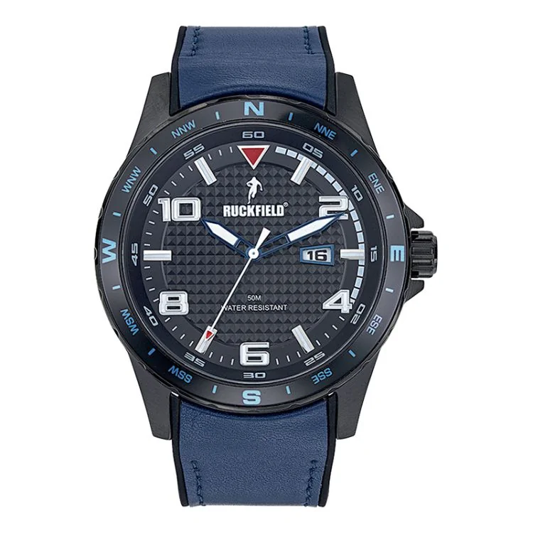 Ruckfield Sport Men's Watch: Stainless Steel Case, Navy Blue Leather Strap, Black Dial