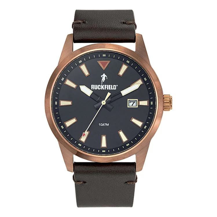 Ruckfield Sport Men's Watch: Stainless Steel Case, Brown Leather Strap, Black Dial