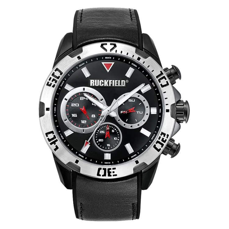 Ruckfield Sport Men's Watch: Stainless Steel Case, Black Leather Strap, Black Dial