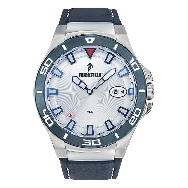 Ruckfield Sport Men's Watch: Steel Case, Navy Blue Leather Strap, Silver Dial