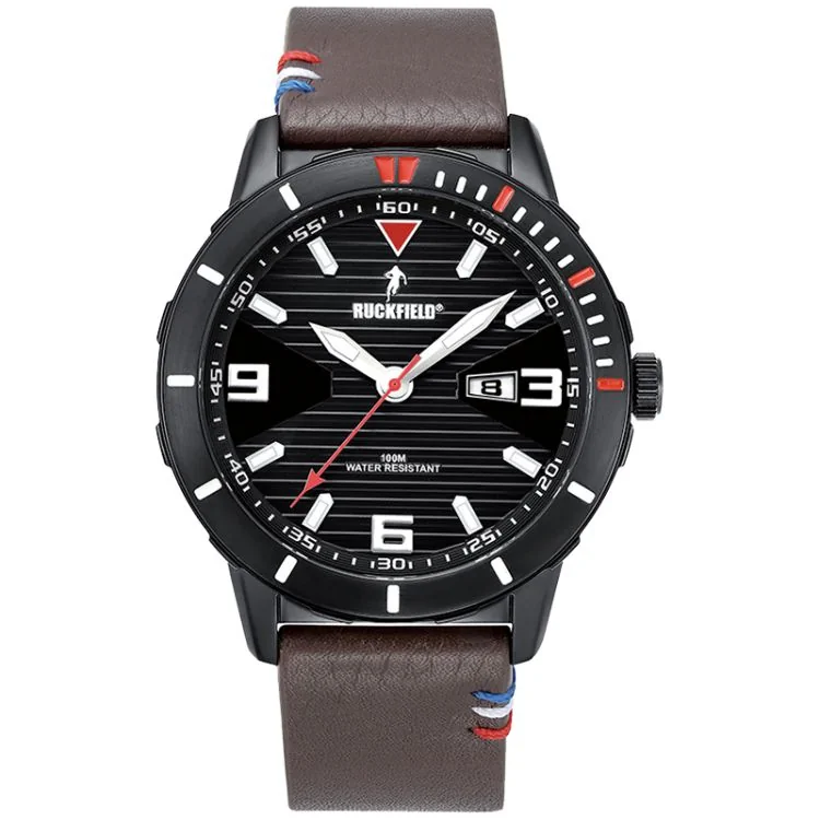 Ruckfield Sport Men's Watch: Stainless Steel Case, Brown Leather Strap, Black Dial