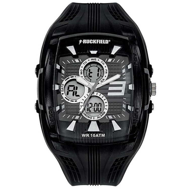 Ruckfield Sport Men's Watch: Resin Case, Black Silicone Strap, Black Dial