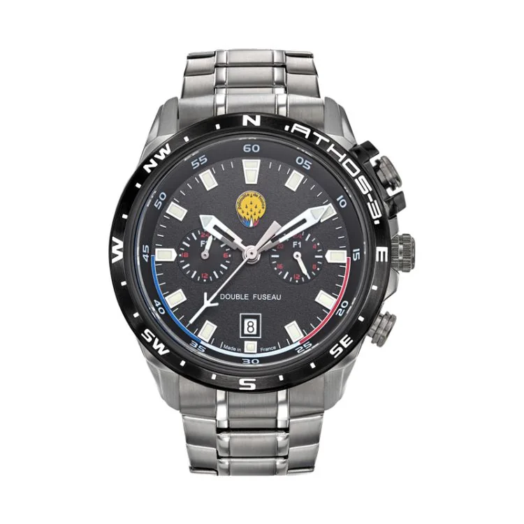 Patrouille de France Athos 3 Watch Face—Left Side, Silver-Toned Steel, Black Dial, Multifunction