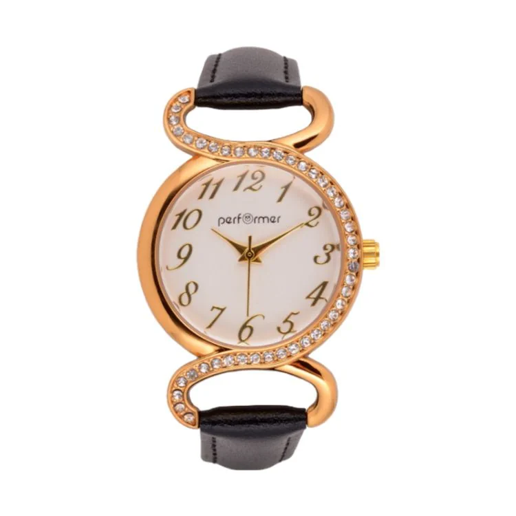 Classic Performer Women's Watch with Brown Leather Strap and Rhinestones - 70710512