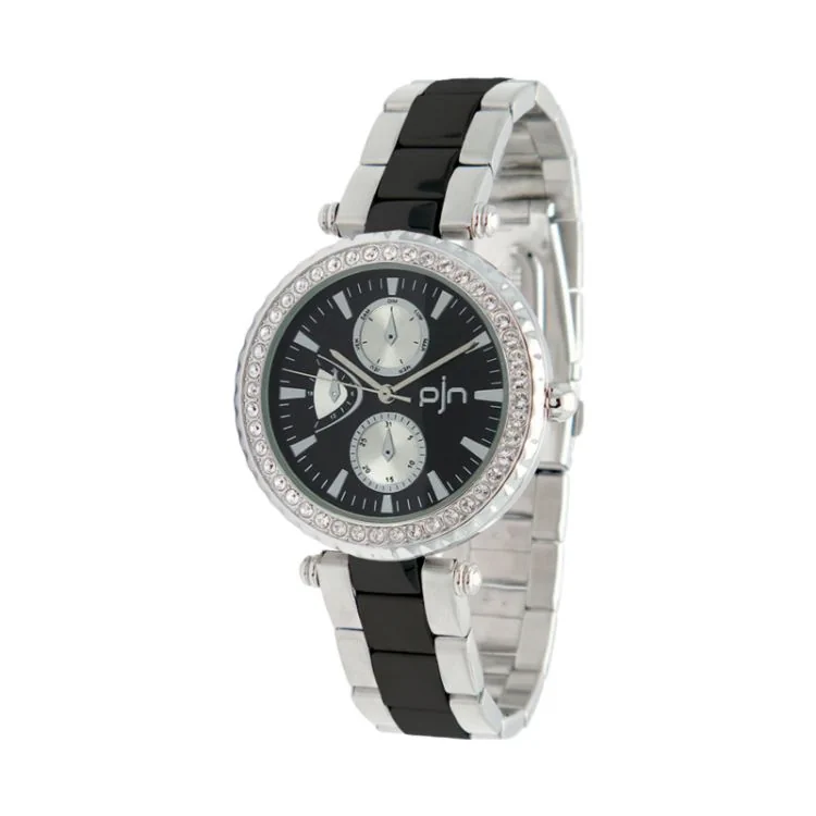 Pallyjane Classic Women's Watch with Two-Tone Silver and Black Metal Case and Rhinestones - 4085512
