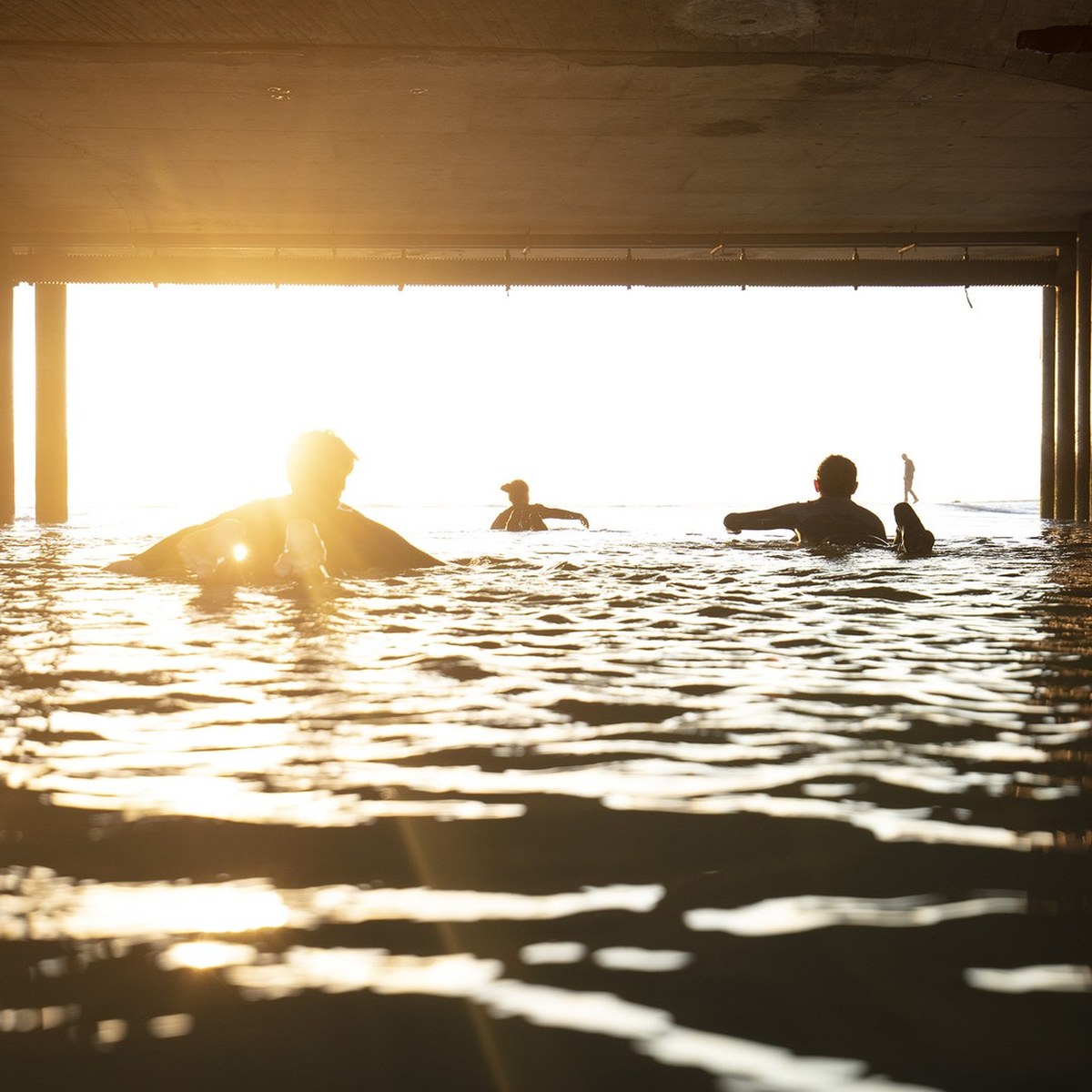 Surfeurs dans l'ocean a contre-jour dore